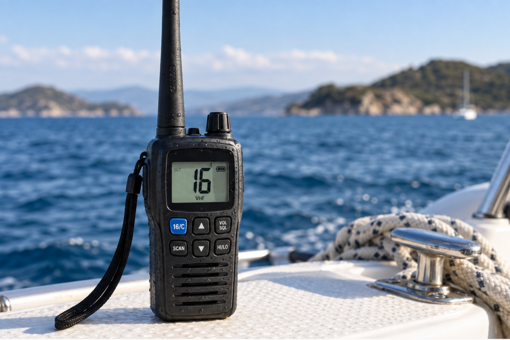 Radio VHF portátil marina utilizada a bordo de una embarcación