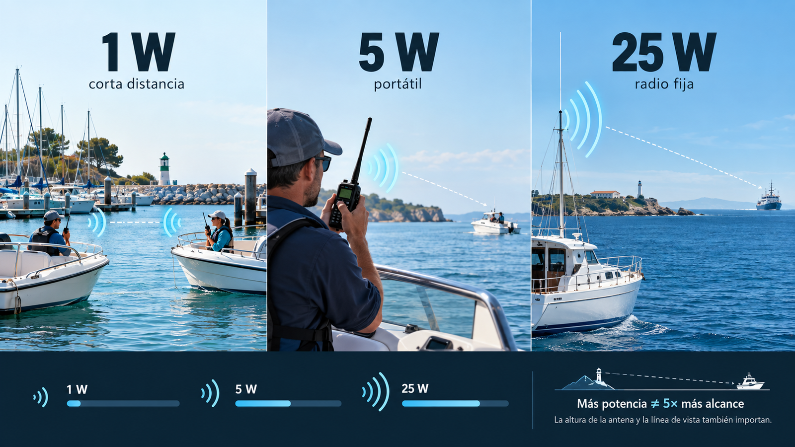 Potencia VHF marina: diferencias entre 1 W, 5 W y 25 W