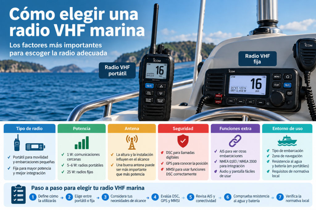 Cómo elegir una radio VHF marina según potencia, antena, DSC, GPS y tipo de uso