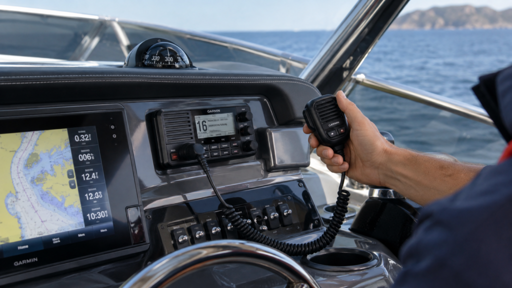 Radio VHF fija instalada en el puesto de mando de una embarcación