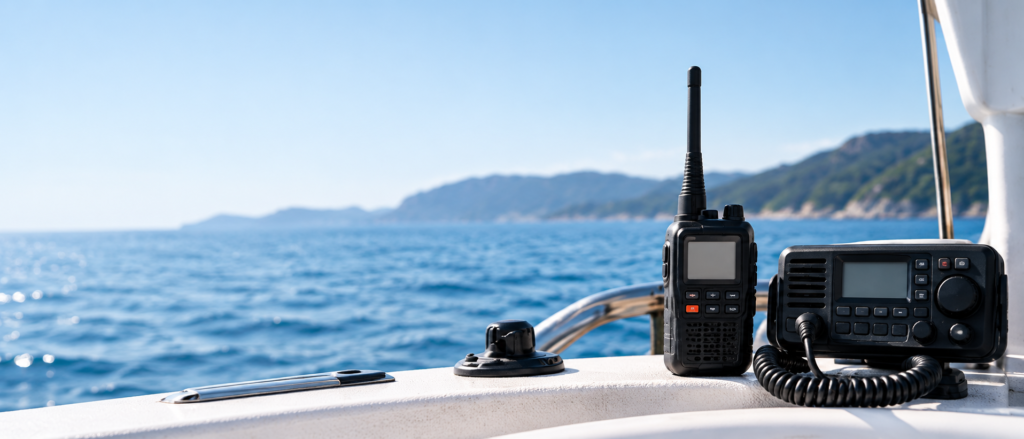 Radio VHF marina portátil y radio VHF fija a bordo de una embarcación en el mar